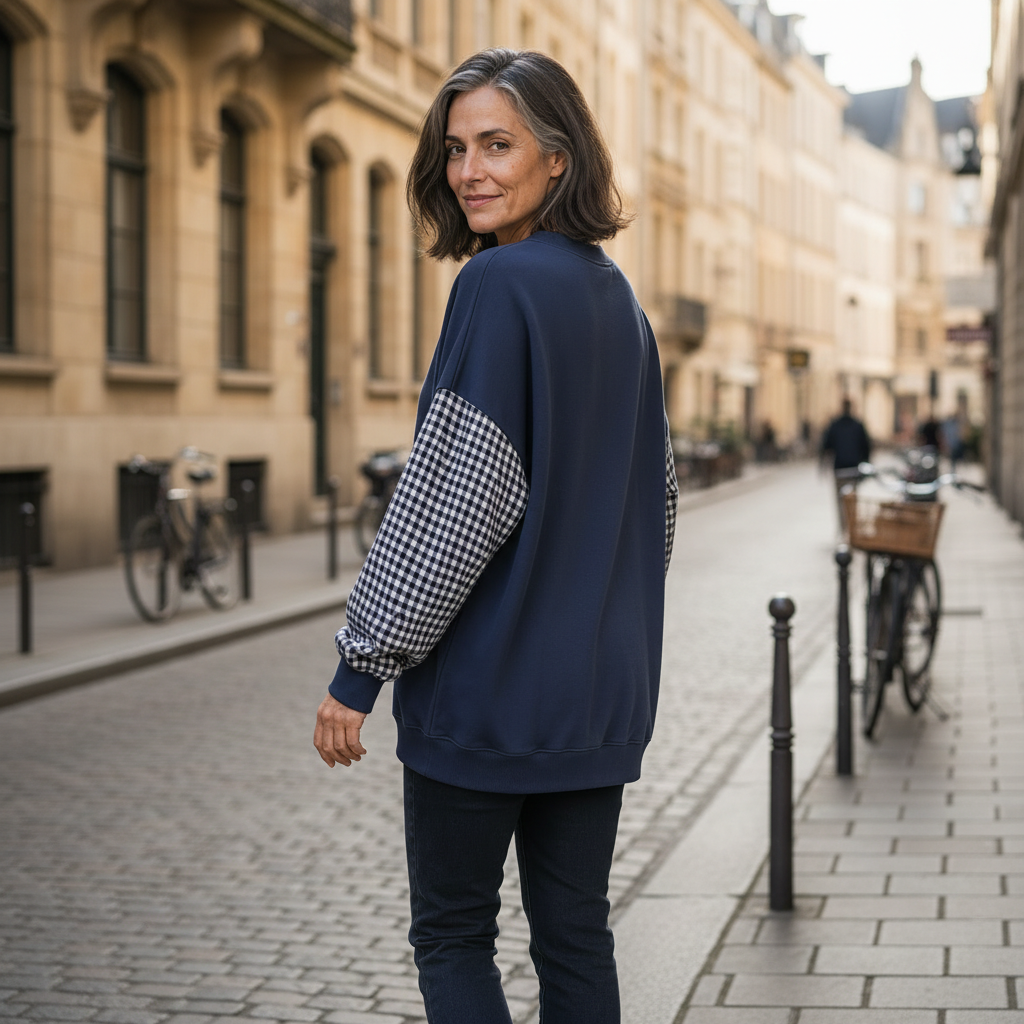 Mira | Femme Haut Col Rond Patchwork Carreaux Loose