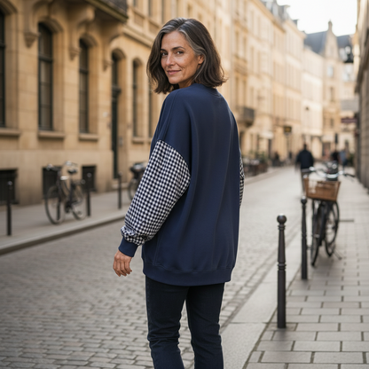 Mira | Femme Haut Col Rond Patchwork Carreaux Loose