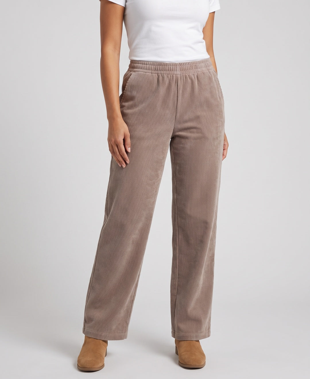 Pantalon velours femme taille élastique jambe large coupe droite