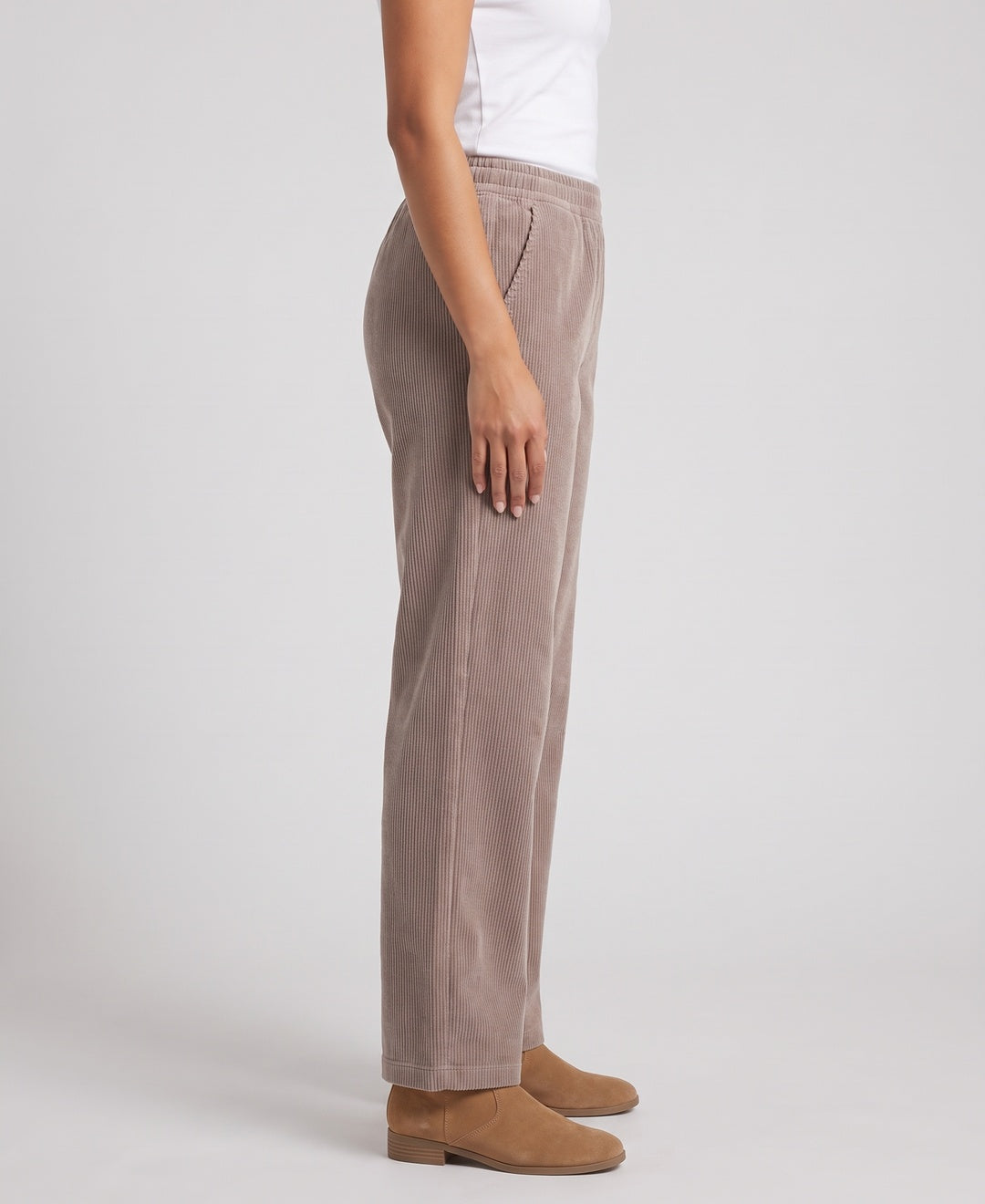 Pantalon velours femme taille élastique jambe large coupe droite