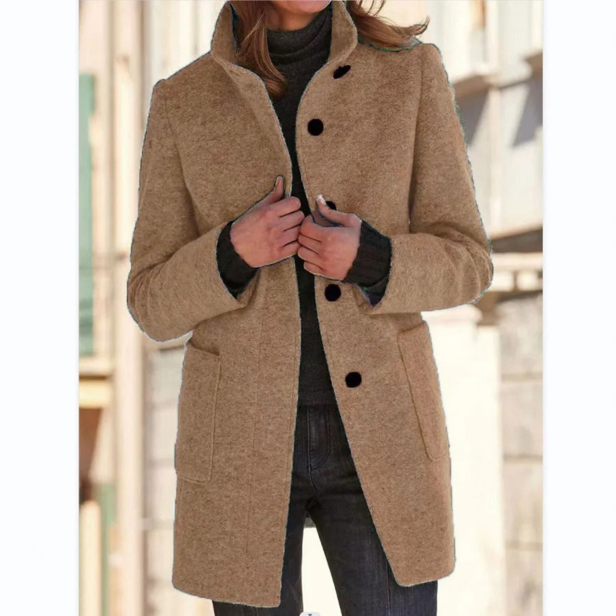 Manteau long femme hiver col montant boutonnage coupe cintrée