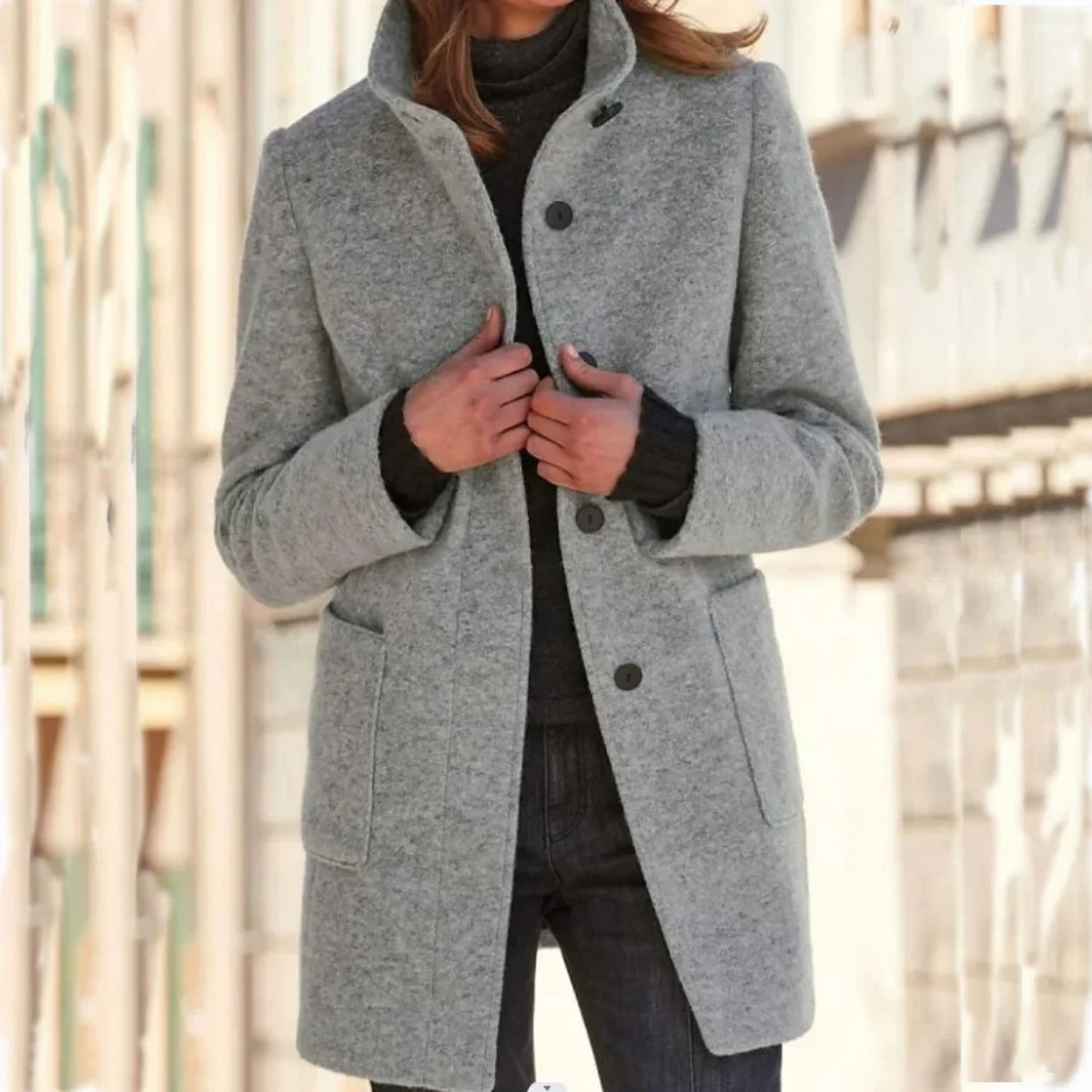 Manteau long femme hiver col montant boutonnage coupe cintrée