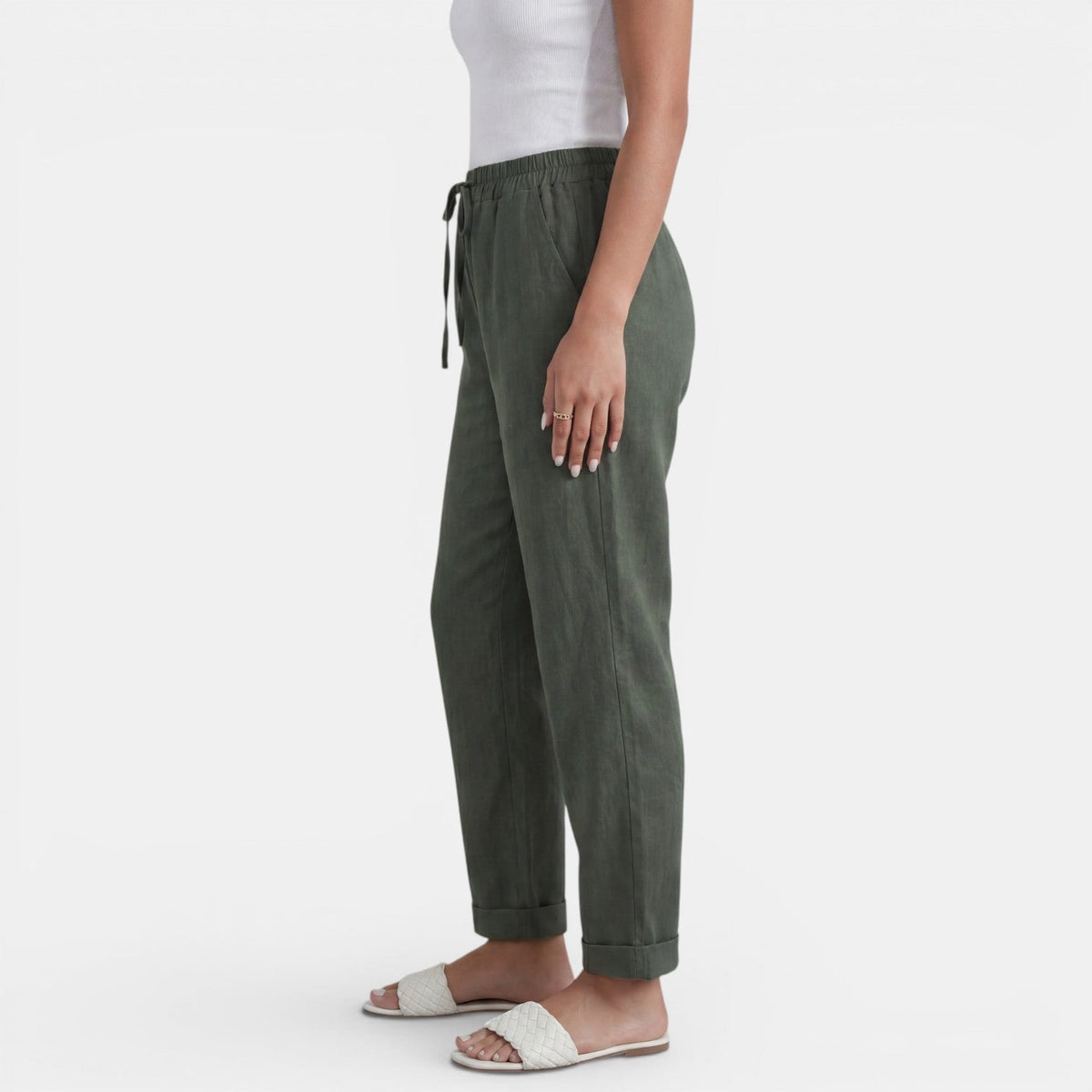Pantalon lin femme taille haute coupe droite minimaliste