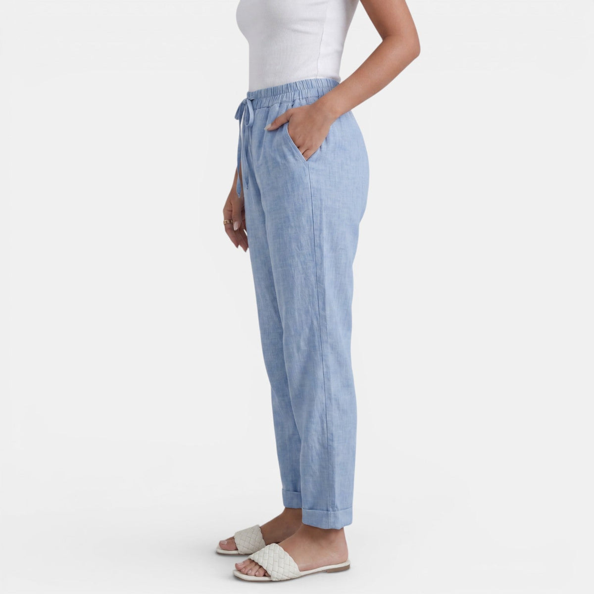 Pantalon lin femme taille haute coupe droite minimaliste