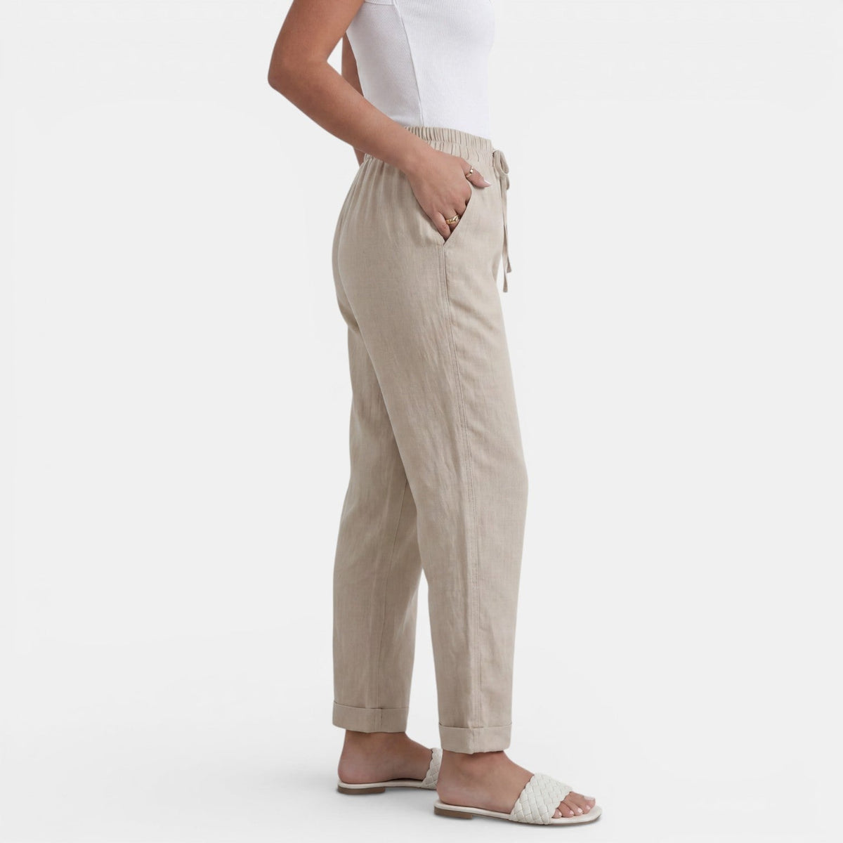 Pantalon lin femme taille haute coupe droite minimaliste