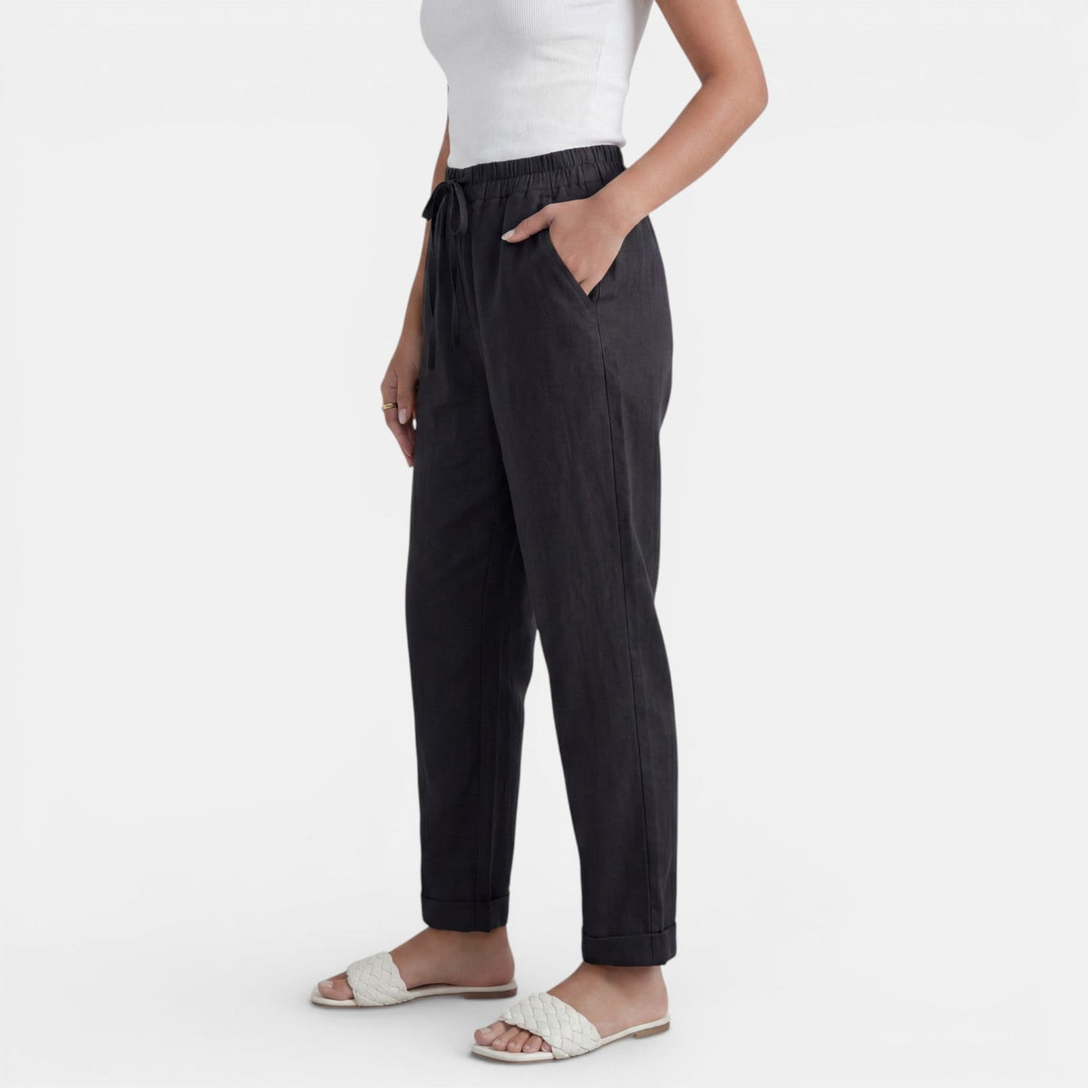 Pantalon lin femme taille haute coupe droite minimaliste