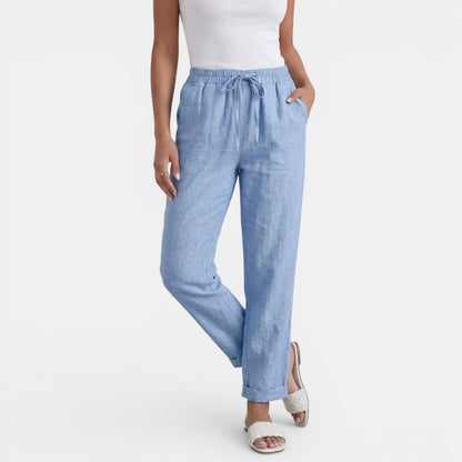Pantalon lin femme taille haute coupe droite minimaliste