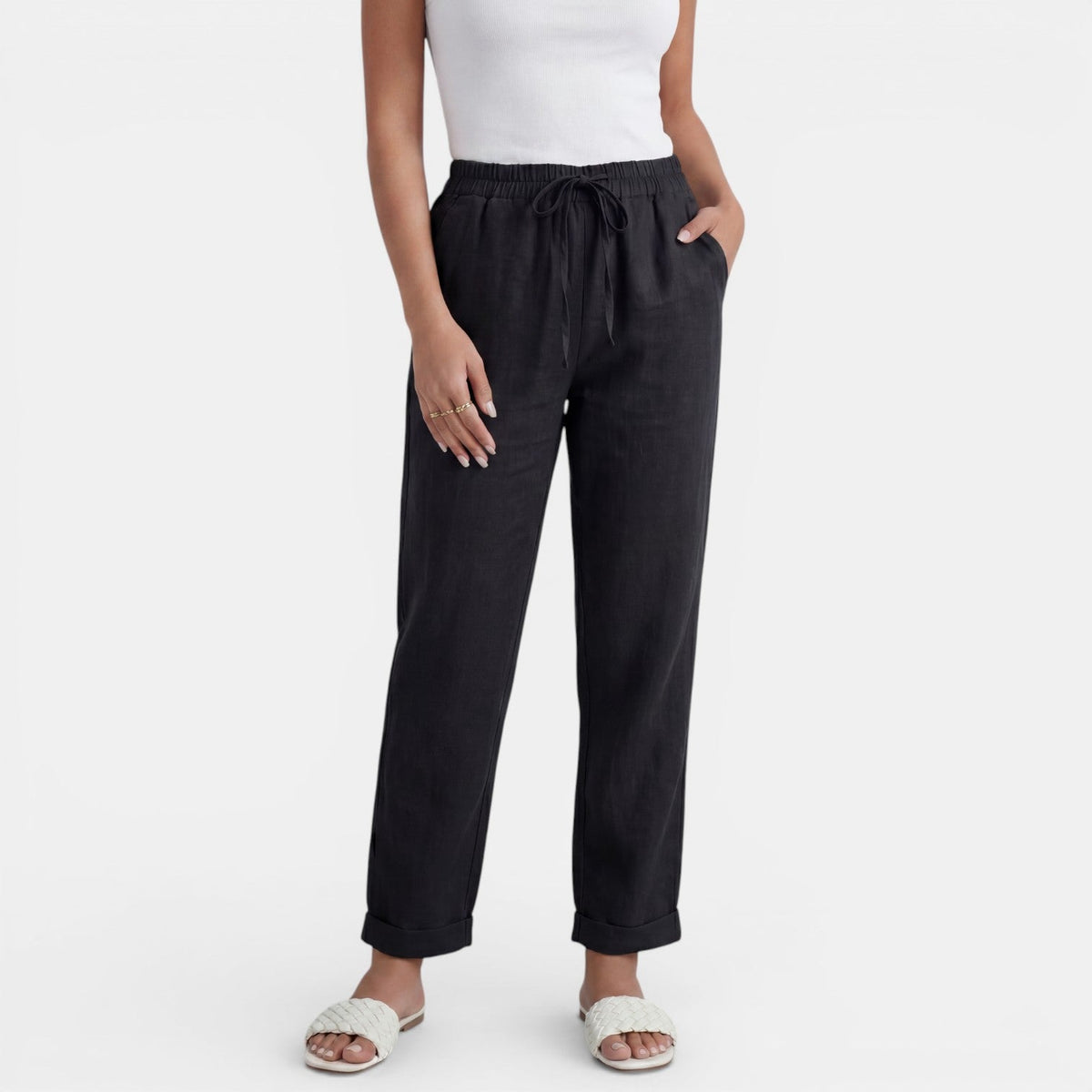 Pantalon lin femme taille haute coupe droite minimaliste