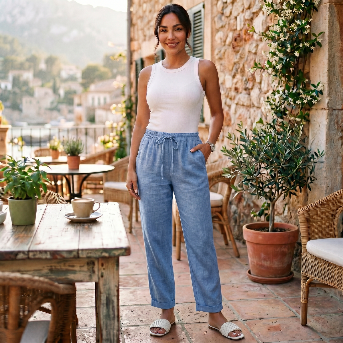 Pantalon lin femme taille haute coupe droite minimaliste