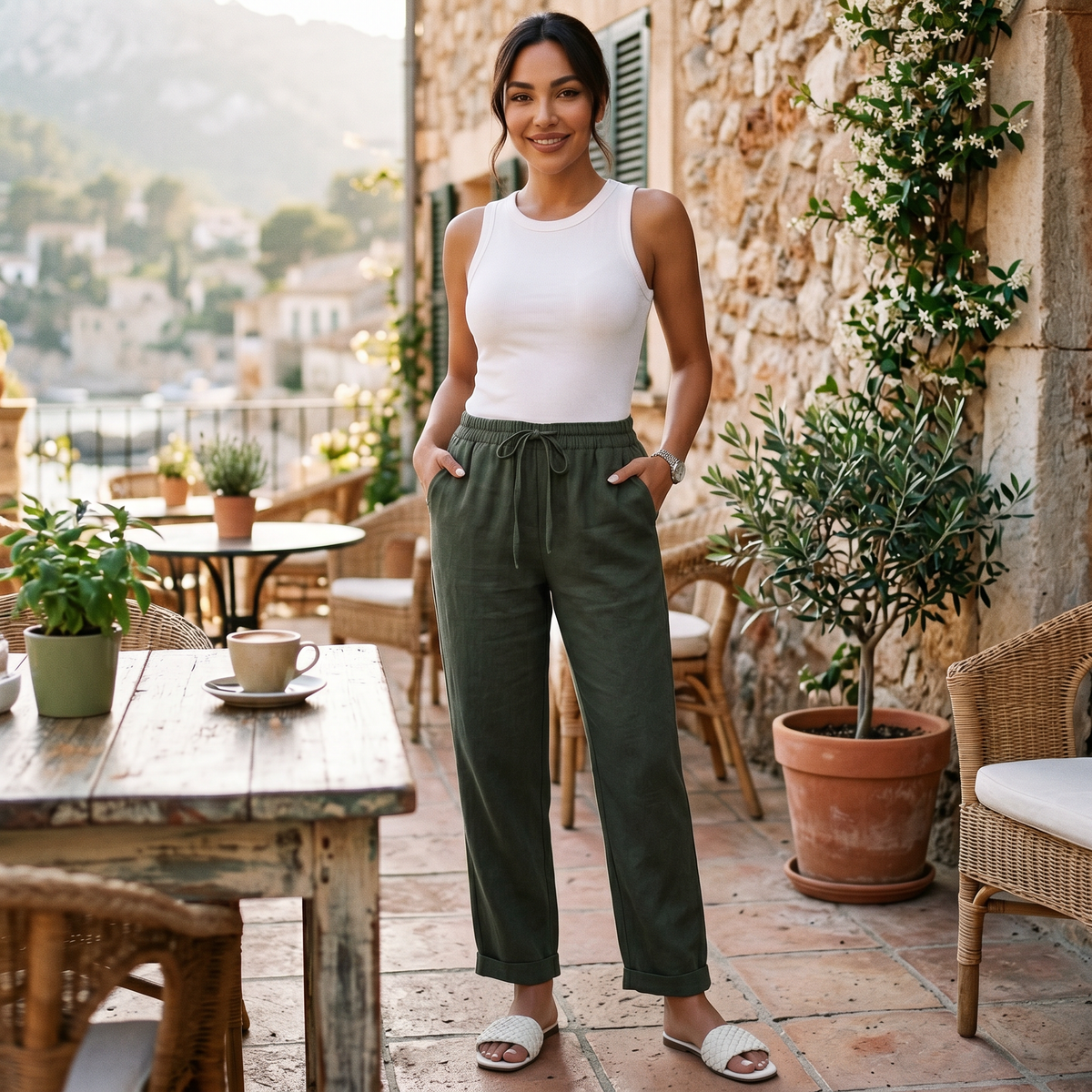 Pantalon lin femme taille haute coupe droite minimaliste