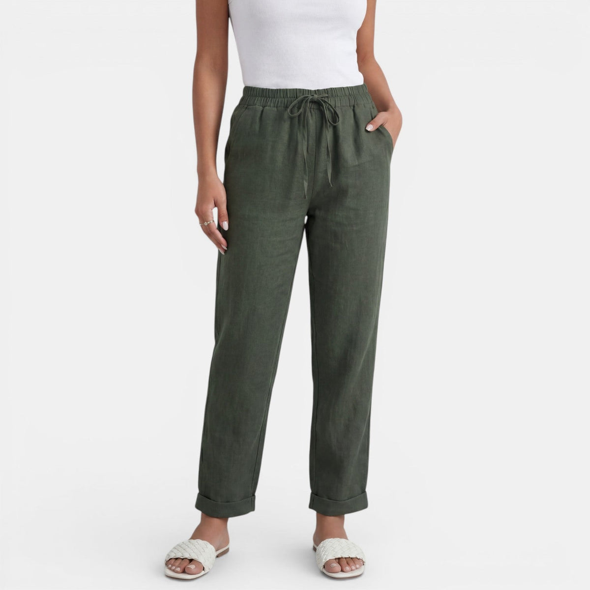 Pantalon lin femme taille haute coupe droite minimaliste