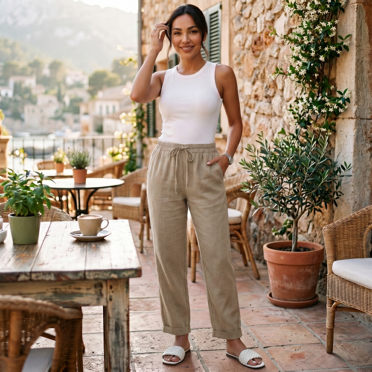 Pantalon lin femme taille haute coupe droite minimaliste