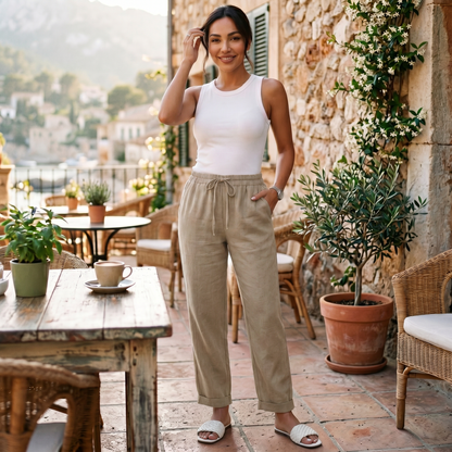 Pantalon lin femme taille haute coupe droite minimaliste
