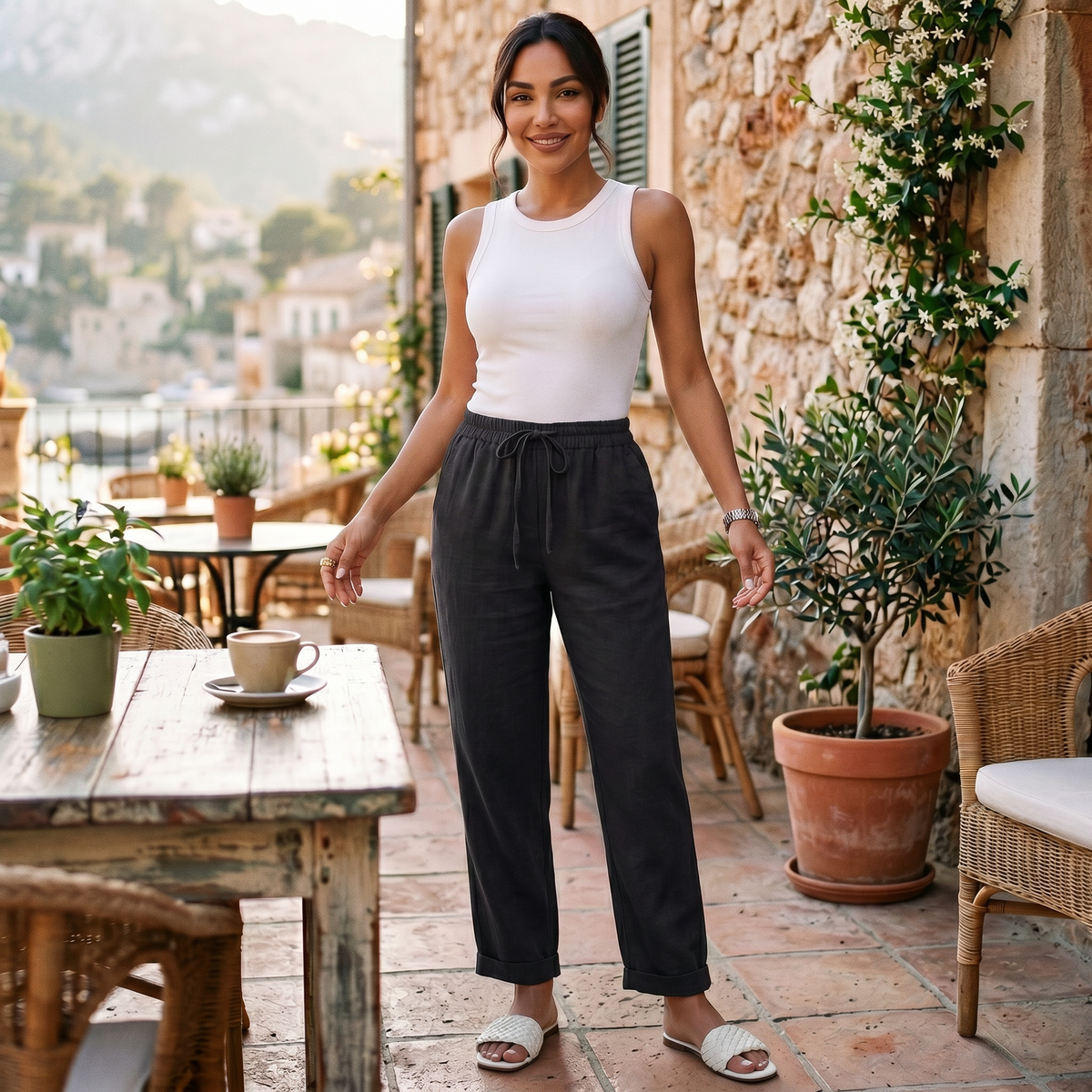 Pantalon lin femme taille haute coupe droite minimaliste