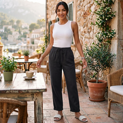 Pantalon lin femme taille haute coupe droite minimaliste