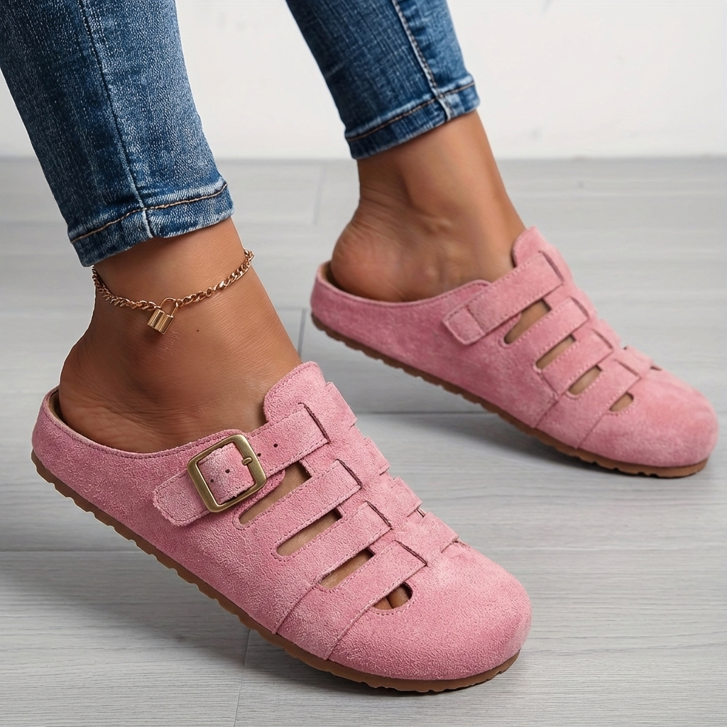 Women slip-on mule sandals with adjustable buckle and cushioned footbed support