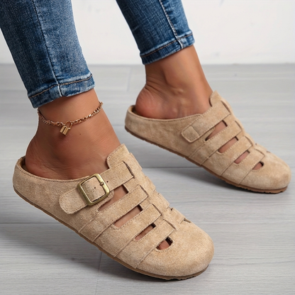 Women slip-on mule sandals with adjustable buckle and cushioned footbed support