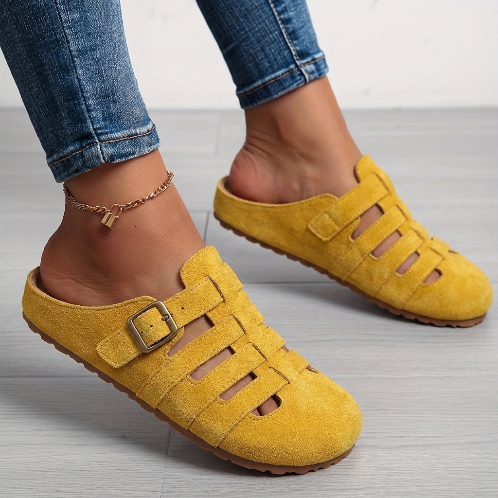 Women slip-on mule sandals with adjustable buckle and cushioned footbed support