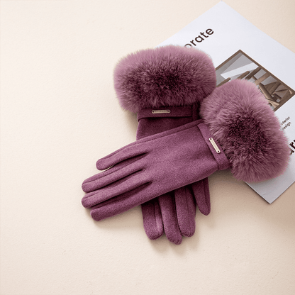 Gants femme poignet avec garniture fausse fourrure et détail métal