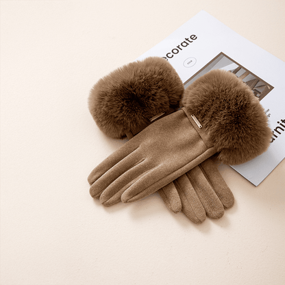 Gants femme poignet avec garniture fausse fourrure et détail métal