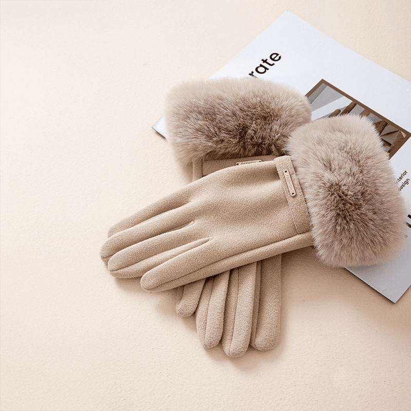 Gants femme poignet avec garniture fausse fourrure et détail métal