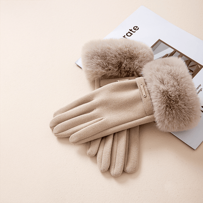 Gants femme poignet avec garniture fausse fourrure et détail métal