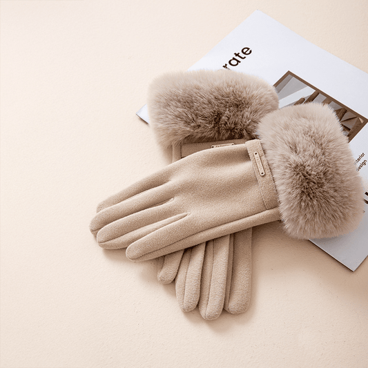 Gants femme poignet avec garniture fausse fourrure et détail métal