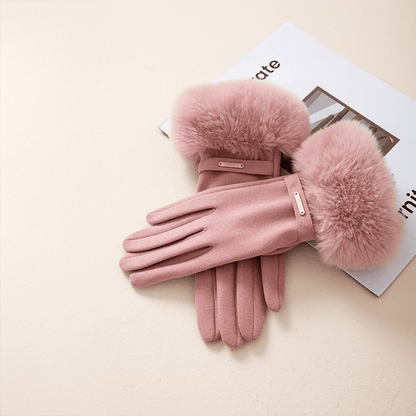 Gants femme poignet avec garniture fausse fourrure et détail métal