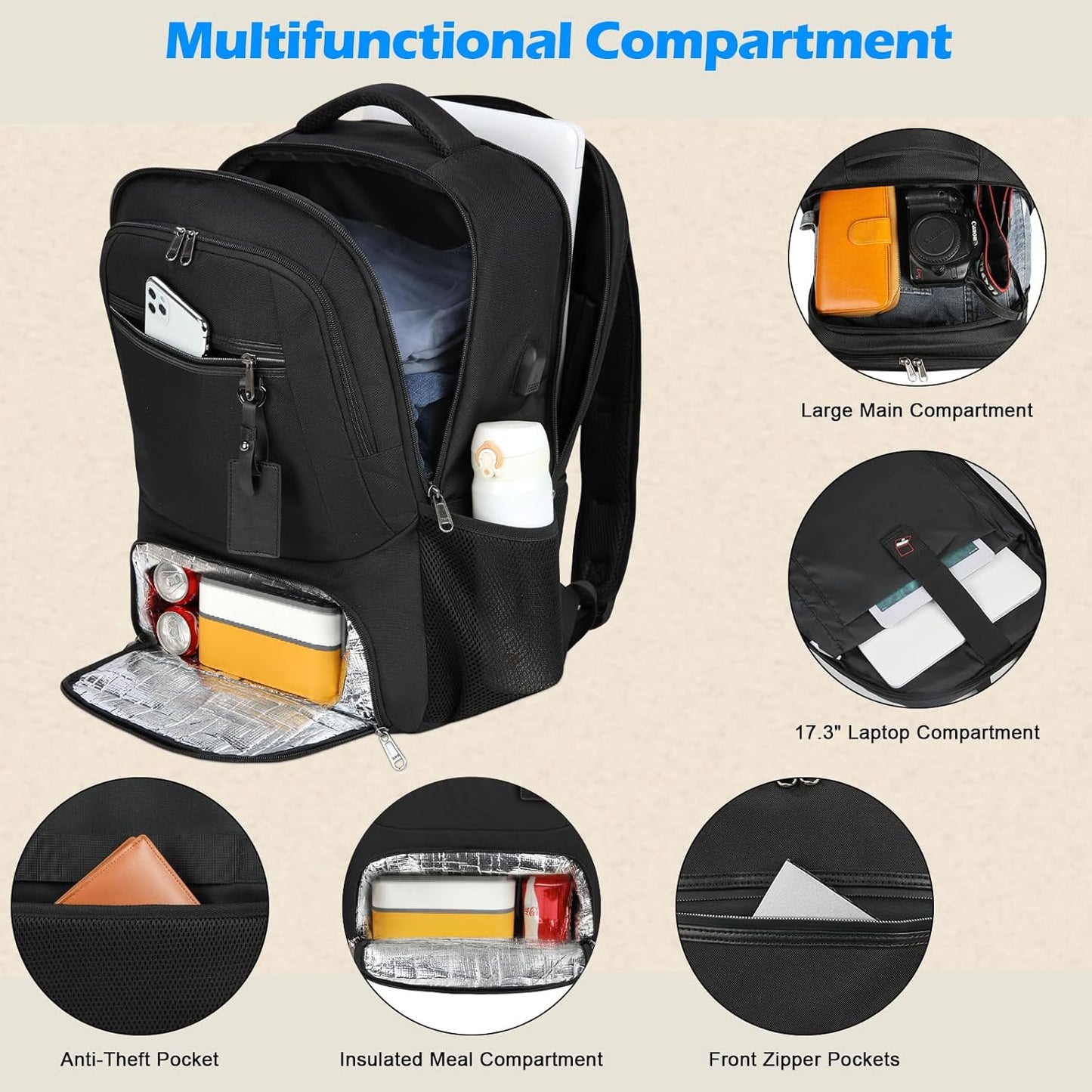 Sac à dos pour ordinateur portable | Imperméable, port USB, compartiment repas