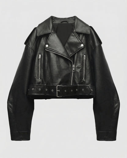 Veste en cuir souple femme | Noir, coupe ajustée, ceinture