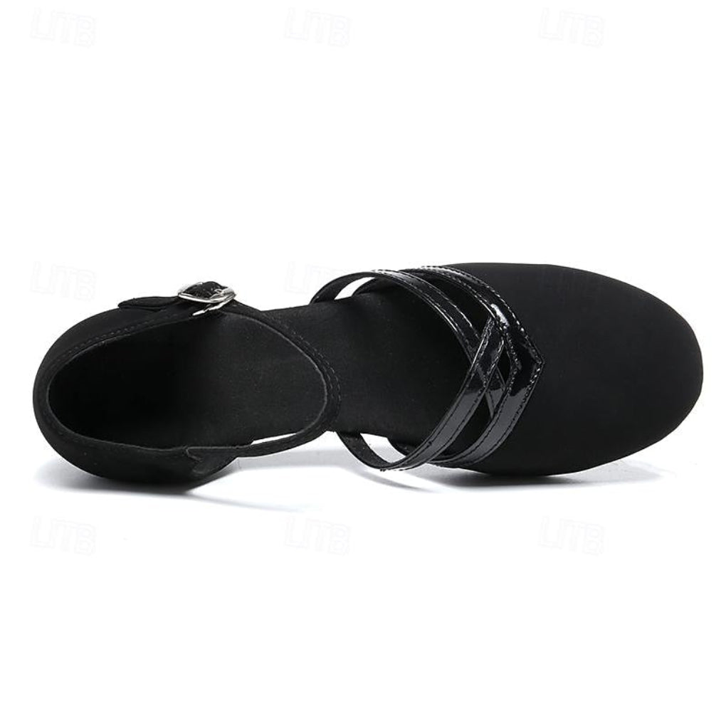 Chaussures de danse latine femme | Satin noir, talon bas
