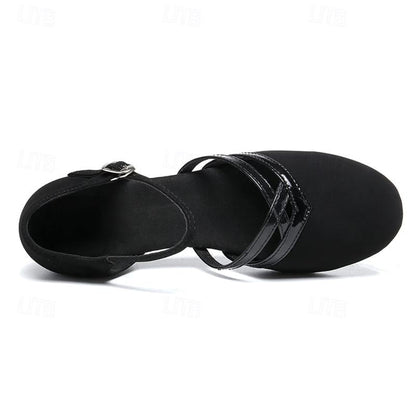 Chaussures de danse latine femme | Satin noir, talon bas