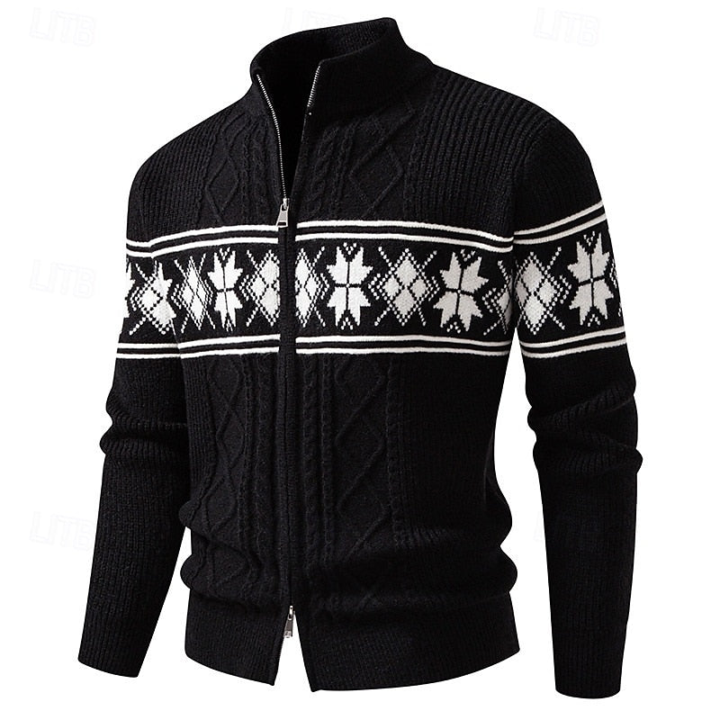 Pull homme col zippé maille côtelée motif fair isle