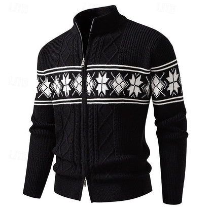 Pull homme col zippé maille côtelée motif fair isle