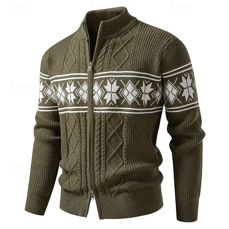 Pull homme col zippé maille côtelée motif fair isle