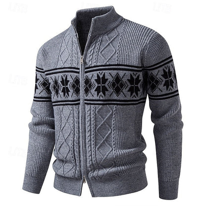 Pull homme col zippé maille côtelée motif fair isle