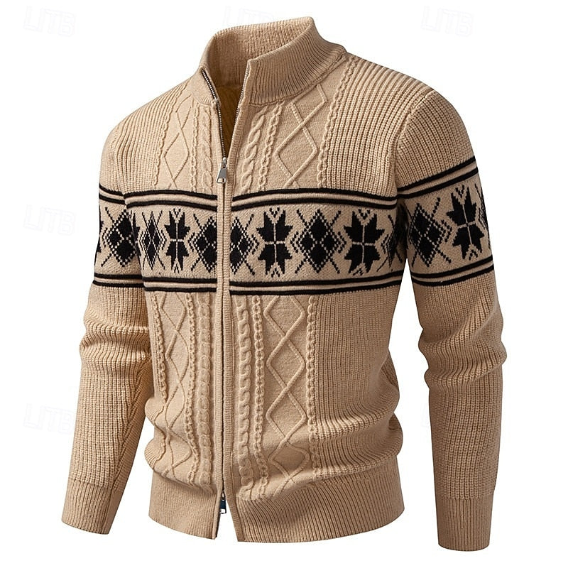 Pull homme col zippé maille côtelée motif fair isle