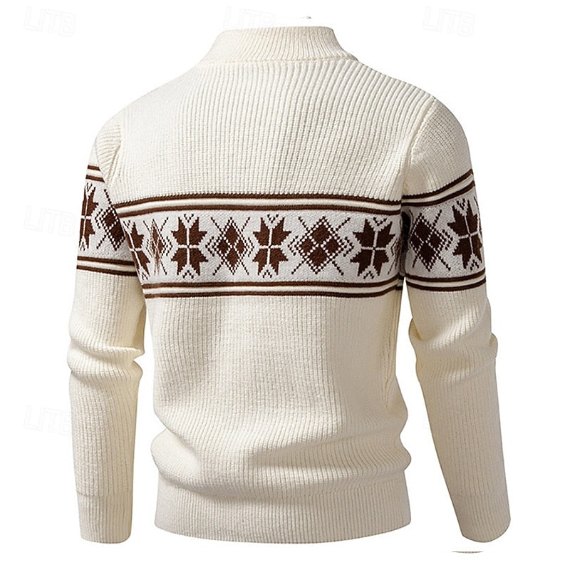 Pull homme col zippé maille côtelée motif fair isle