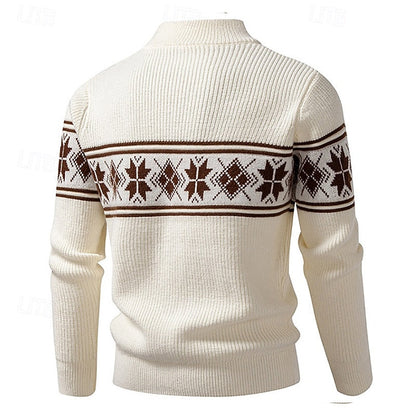 Pull homme col zippé maille côtelée motif fair isle