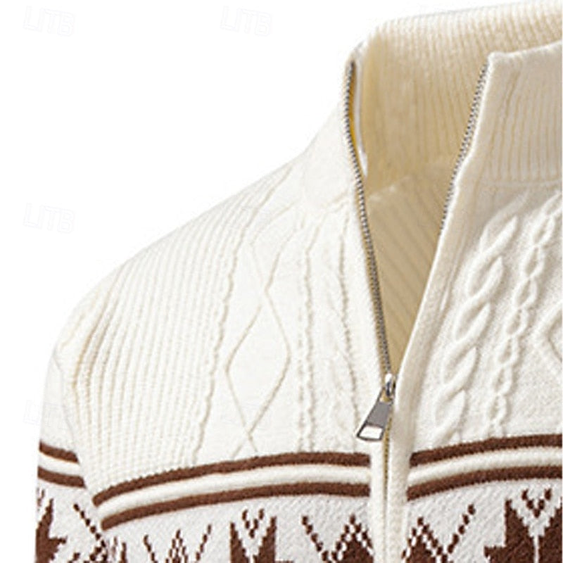Pull homme col zippé maille côtelée motif fair isle