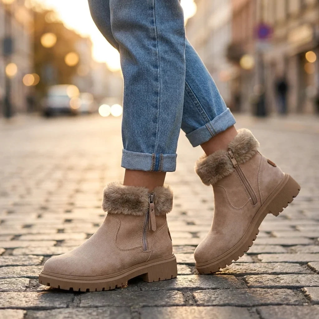 Bottines femme fourrées suède mi-mollet avec zip latéral et col fausse fourrure
