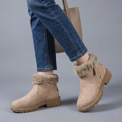 Bottines femme fourrées suède mi-mollet avec zip latéral et col fausse fourrure