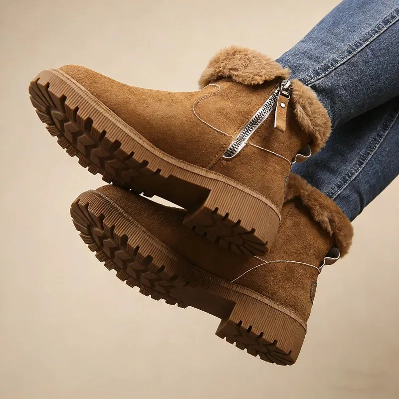 Bottines femme fourrées suède mi-mollet avec zip latéral et col fausse fourrure