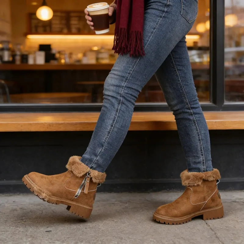 Bottines femme fourrées suède mi-mollet avec zip latéral et col fausse fourrure