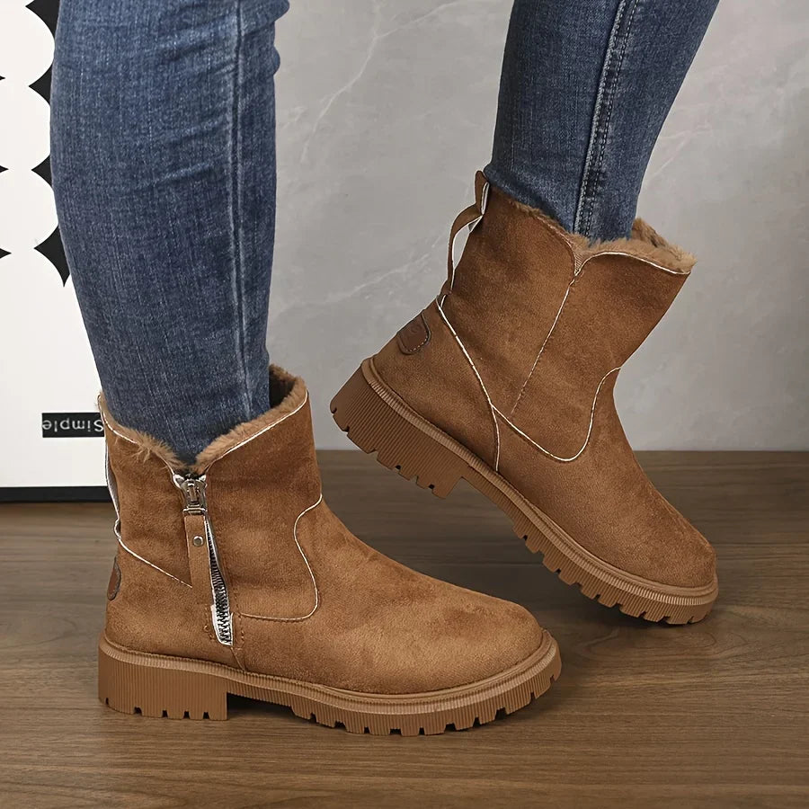 Bottines femme fourrées suède mi-mollet avec zip latéral et col fausse fourrure