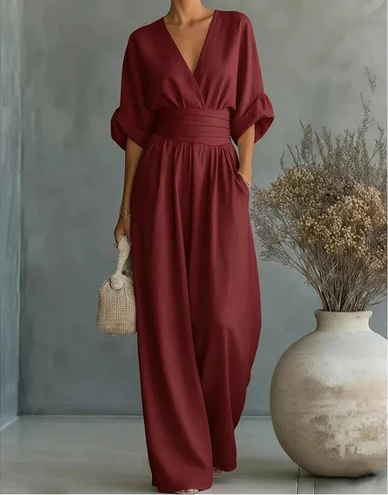 Combinaison pantalon femme jambe large col cache-cœur fluide
