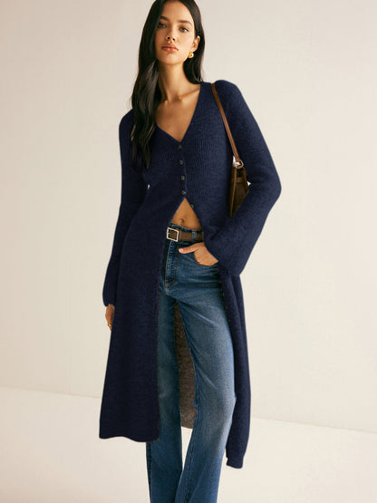 Robe pull femme col V boutonnée longueur midi coupe droite