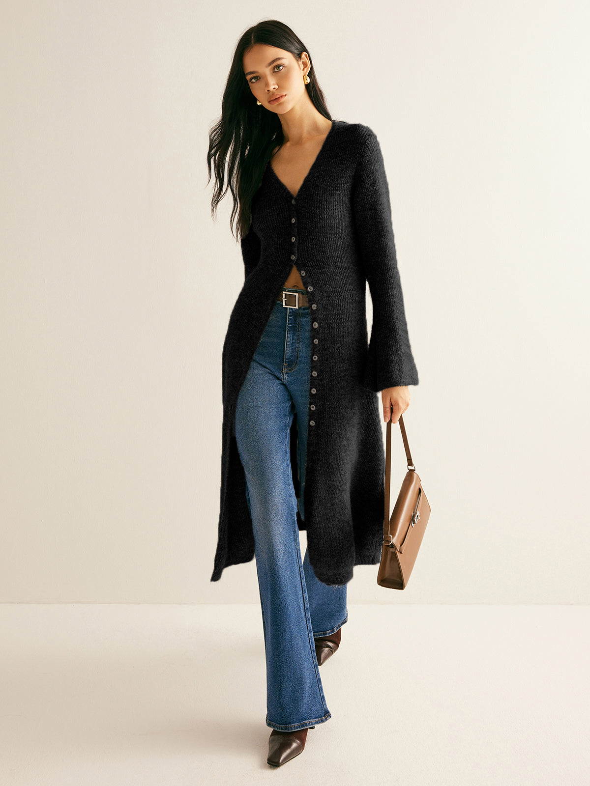 Robe pull femme col V boutonnée longueur midi coupe droite