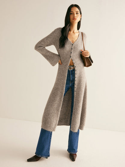 Robe pull femme col V boutonnée longueur midi coupe droite