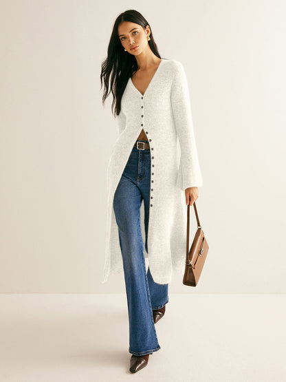Robe pull femme col V boutonnée longueur midi coupe droite